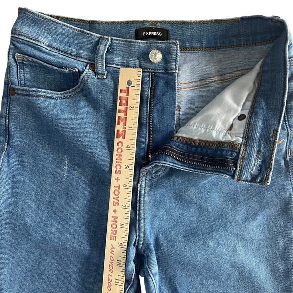 Express Cropped Flare High Rise Distressed Jeans Women’s Size 8 Blue Denim - Picture 2 of 8